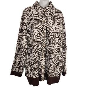 Liz & Me Sport Womens Jacket Brown Cream Animal Zebra Print Snap Front Cotton 3X